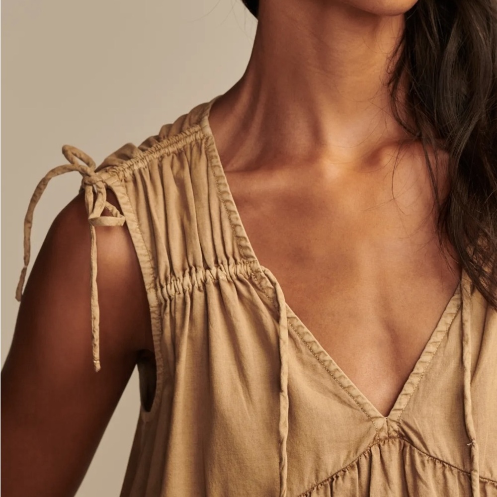 PRICE DROP Lucky Brand Poplin Shoulder Cinched Mini Dress Dull Gold Size S - Picture 2 of 8
